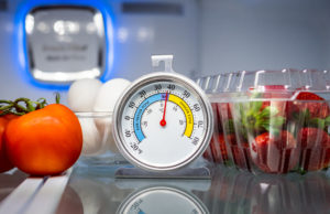 Refrigerator thermometer with colorful food in cold storage unit