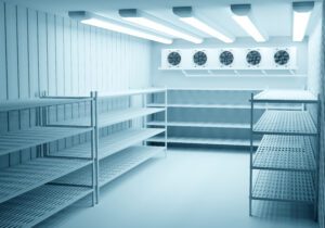 Refrigerators compartment. Warehouse with shelves for food storage. Grocery warehouse with air conditioning. Freezing of products. Stelms with shelves. Refrigeration equipment. Industrial refrigerator.